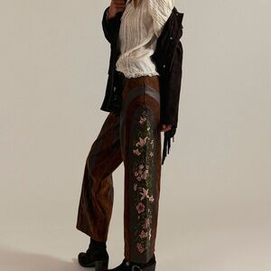 We The Free Brown Floral Embroidered Wide Leg Pants
